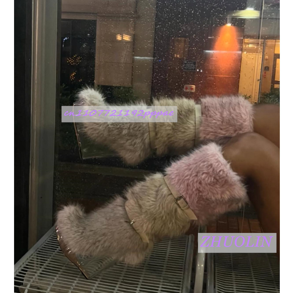 Women'S Fashion Knee High Boots - Winter Gradient Furry Transparent Wedge Boots