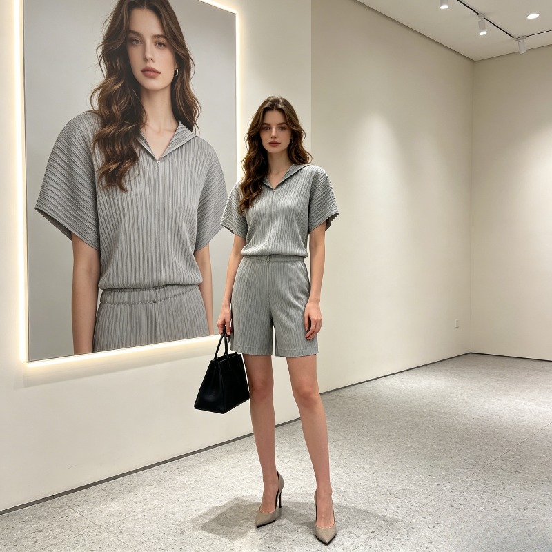 Women'S Fashion Sweatshirts - Miyake Pleated Hoodie and Shorts Set