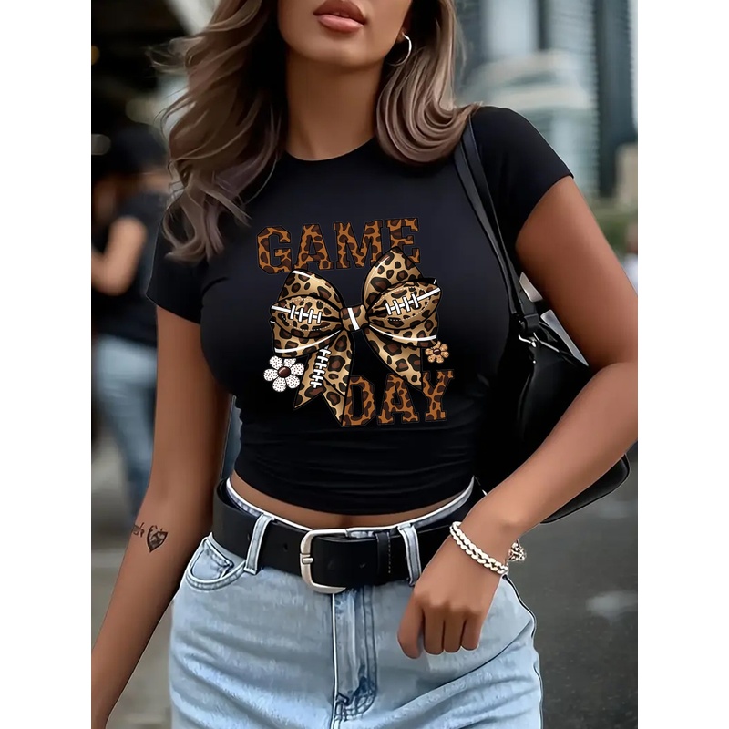 Women'S Fashion Rugby Top - Fashionable women's rugby bow print short-sleeve